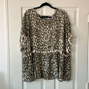Chic Soul shirt, size 3X. Olive green with leopard print design.